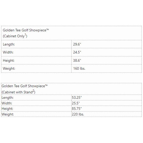 Golden Tee PGA Tour cabinet dimensions 
